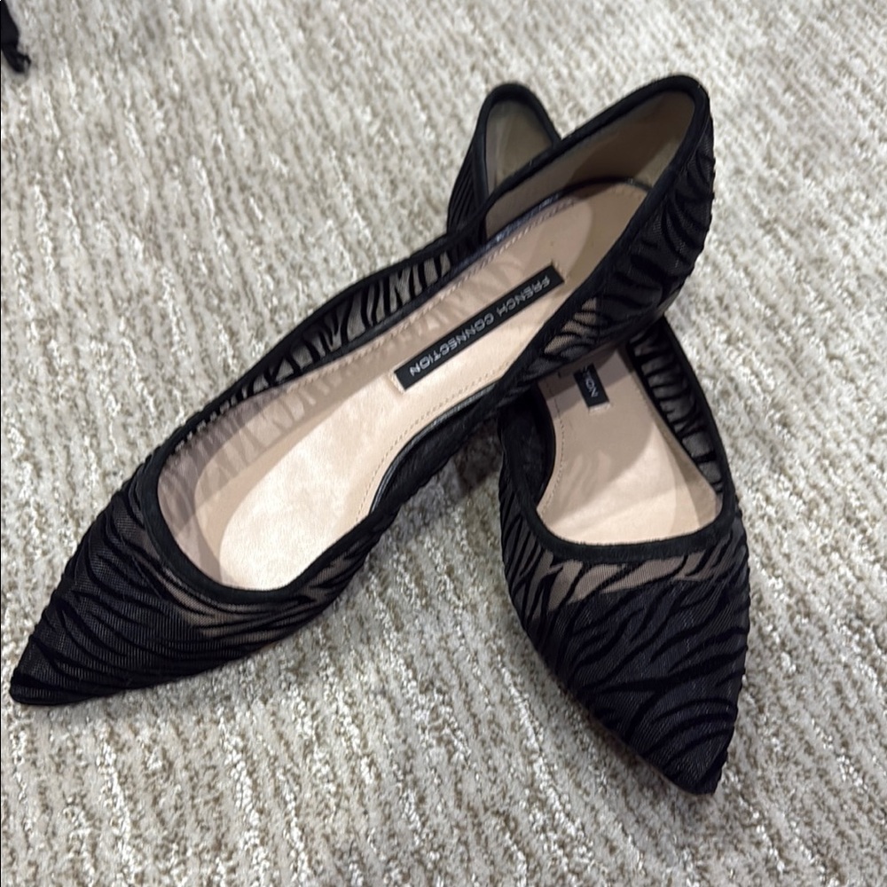French Connection Black Zebra Velvet & Sheer Flats Size 10